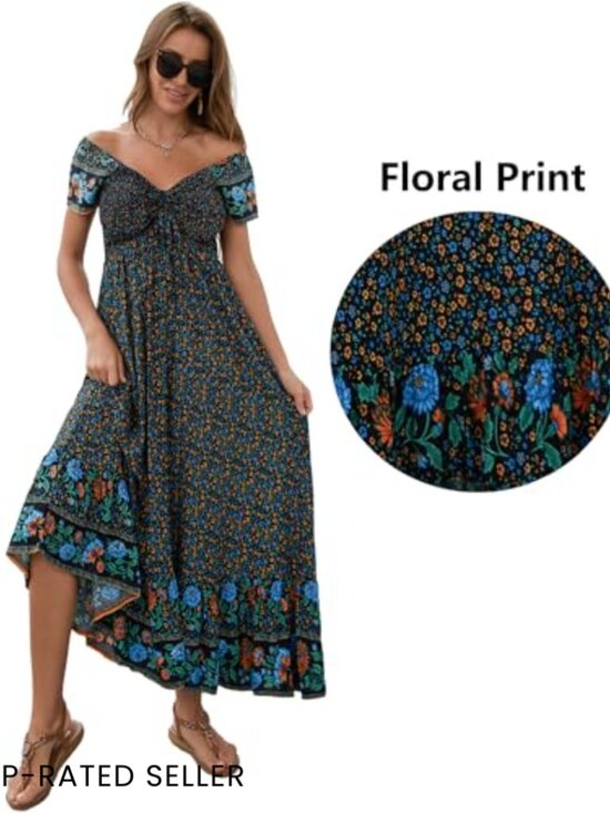 Boho Maxi Dress Flowy Tiered Smocked Bust Casual Summer Beach Party - Picture 4 of 7